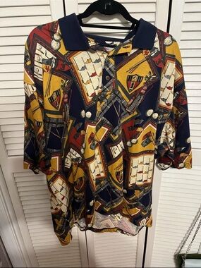 Vintage 90’s Men's Golf Patterned Polo Shirt - Navy, White, Mustard & Red